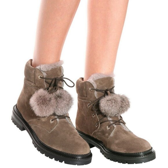 NEW JIMMY CHOO Pom-Pom Suede Fur | Cozy Cold Weather Suede Lace-Up Boots/Booties - Picture 2 of 15